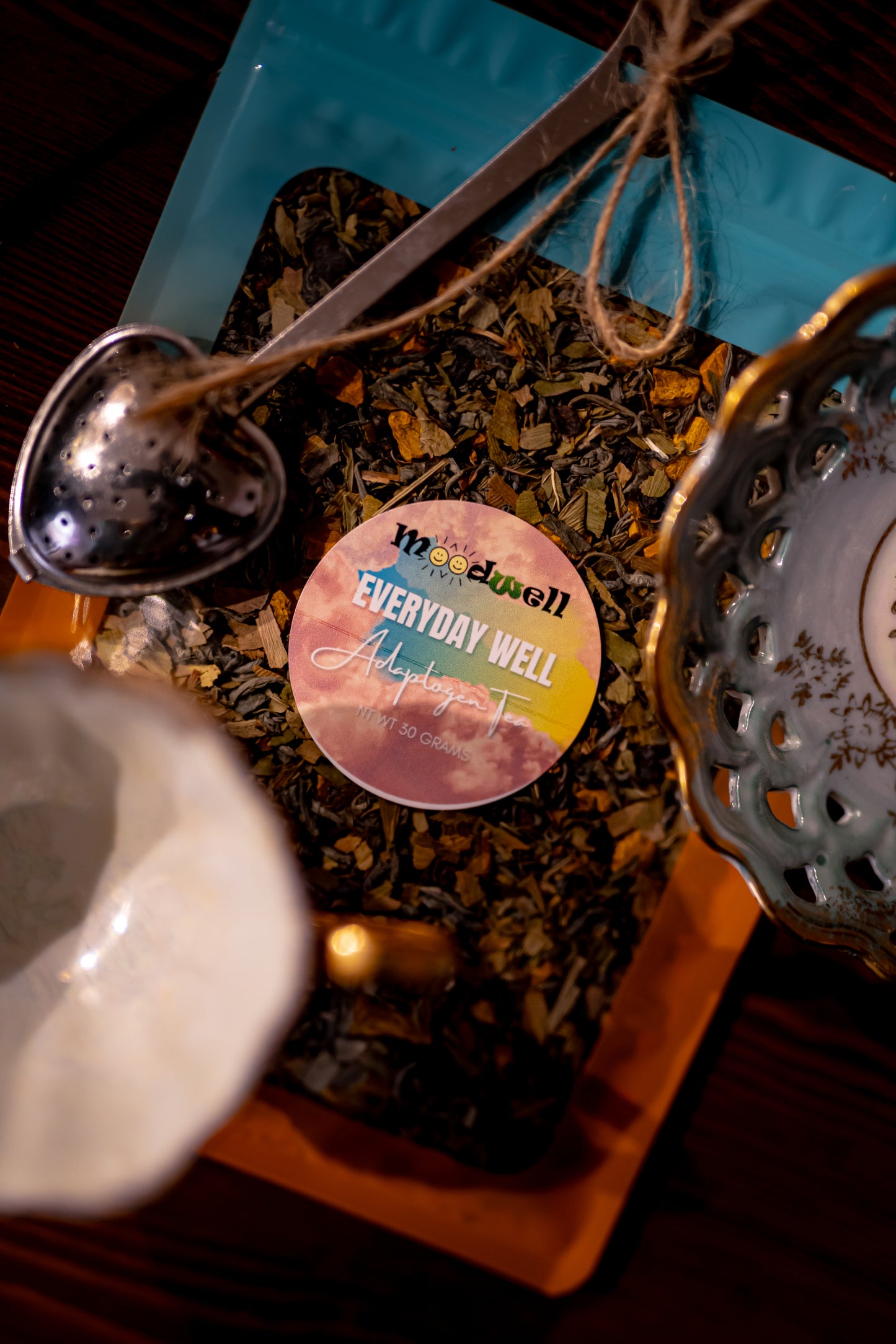 Everyday Wellness Tea in it's practical resealable packaging is made for everyday wellness on the go. The looseleaf hand mixed tea blend is made from elderberry, turmeric, gingko biloba, and green tea to enhance your day.