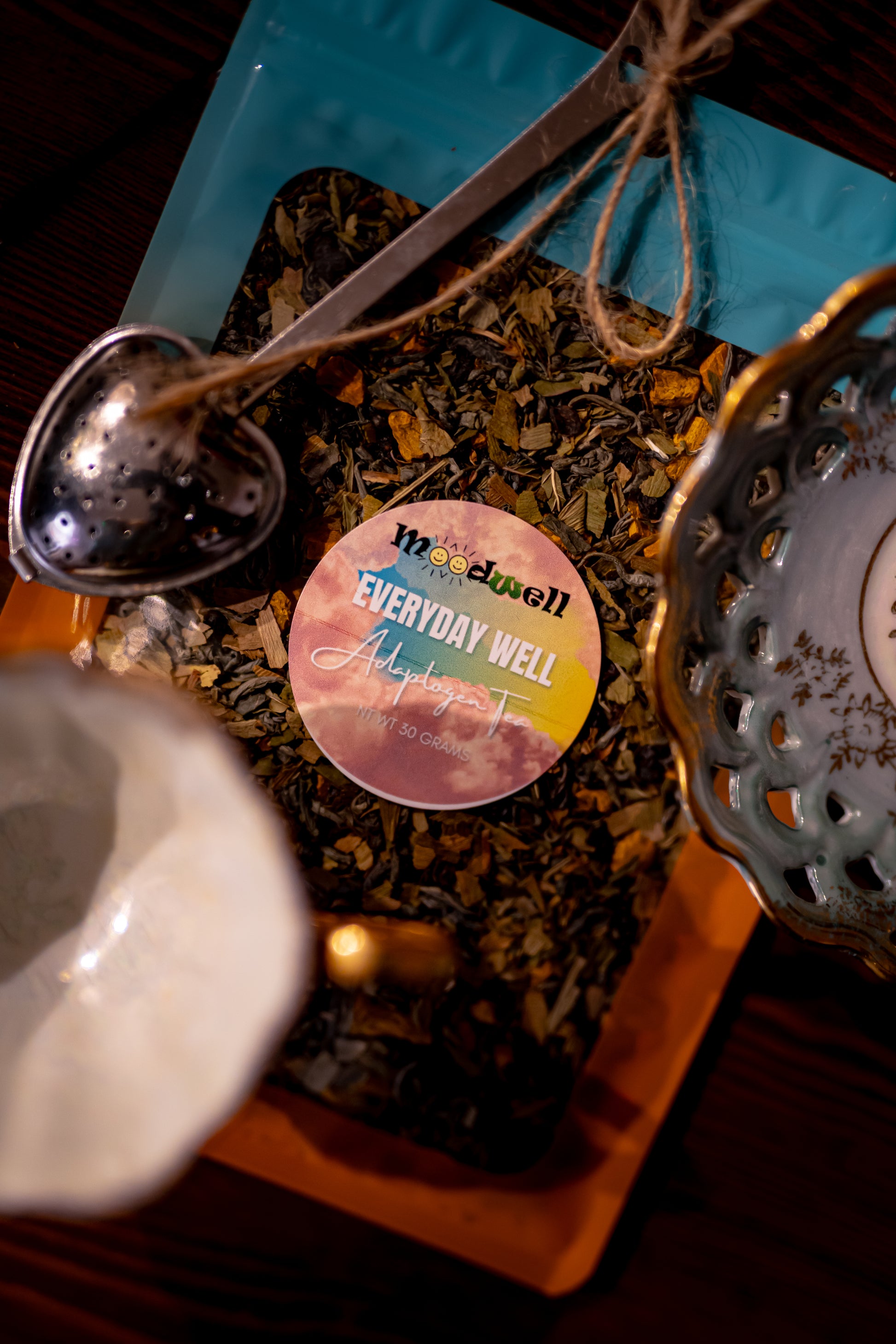 Everyday Wellness Tea in it's practical resealable packaging is made for everyday wellness on the go. The looseleaf hand mixed tea blend is made from elderberry, turmeric, gingko biloba, and green tea to enhance your day.