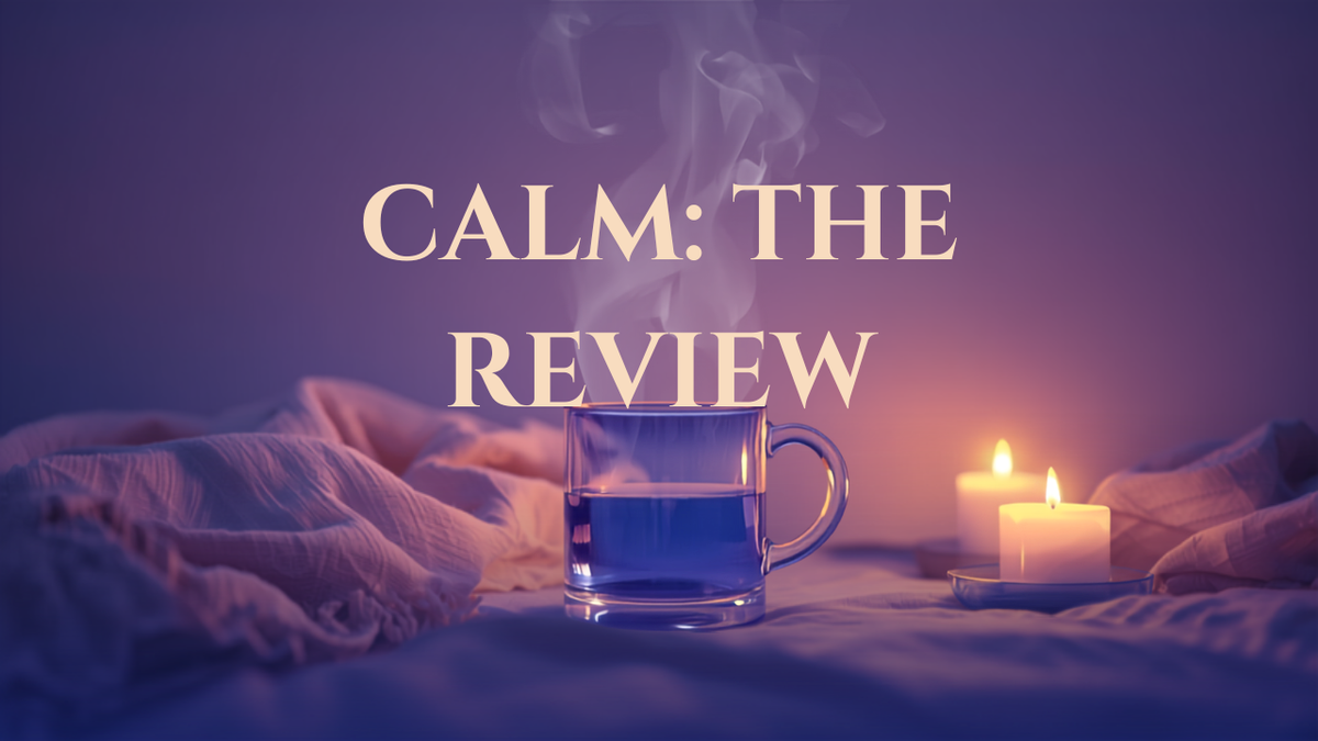 Glass mug shifting from dusk blue to soft lavender by candlelight — MoodWell CALM review for stress and sleep