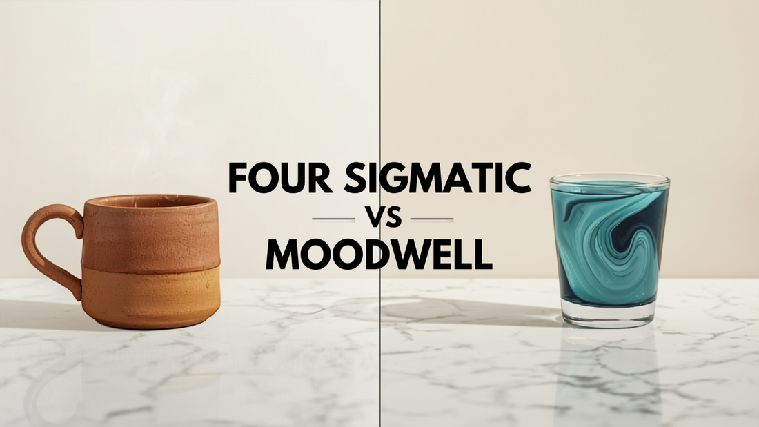 Rustic brown mushroom coffee beside a vivid indigo-to-teal color-shifting coffee — Four Sigmatic vs MoodWell