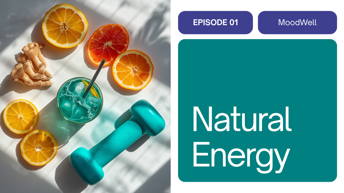 Cordyceps, citrus, teal iced coffee and dumbbell flat-lay — natural energy boosters that actually work