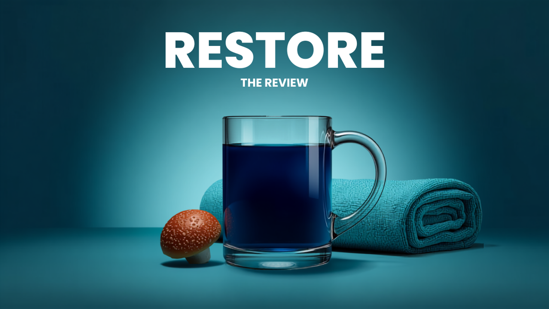Glass mug shifting from deep blue to serene teal with reishi accent — MoodWell RESTORE review