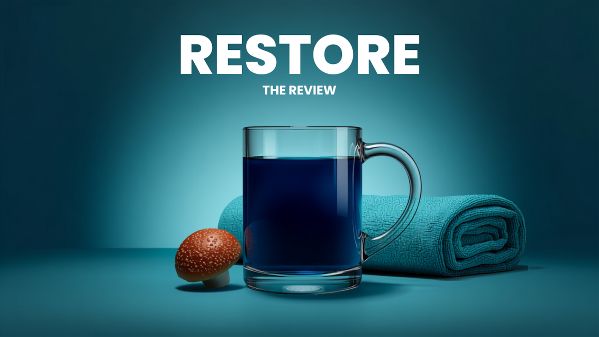 Glass mug shifting from deep blue to serene teal with reishi accent — MoodWell RESTORE review