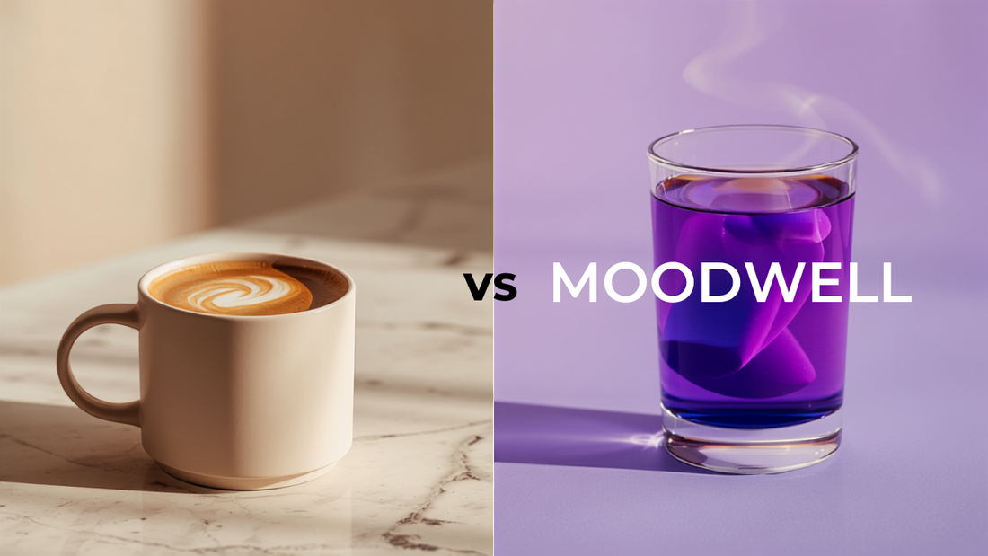 Plain brown mushroom coffee beside a vivid indigo-to-violet color-shifting coffee — RYZE vs MoodWell comparison