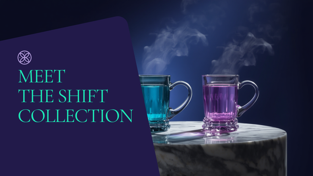 Three glass mugs showing violet, teal, and lavender shifts — meet the MoodWell Shift Collection