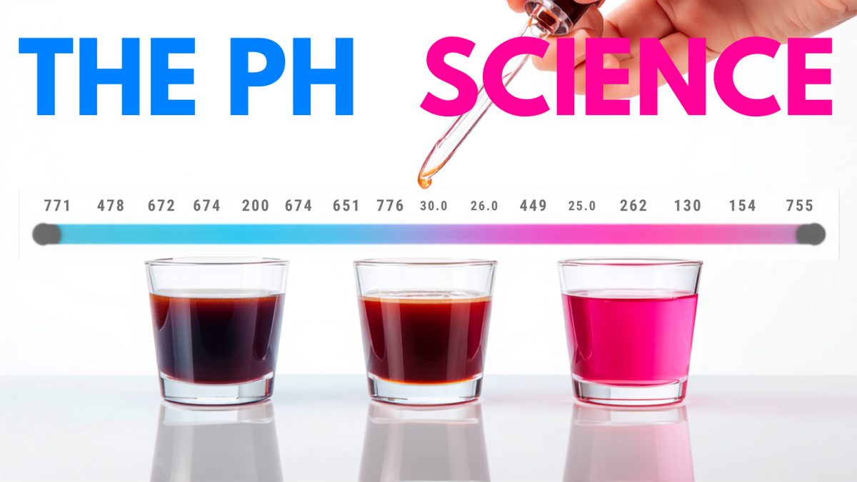 pH color scale from blue to pink with glasses at different shift stages — the pH science behind color-changing drinks