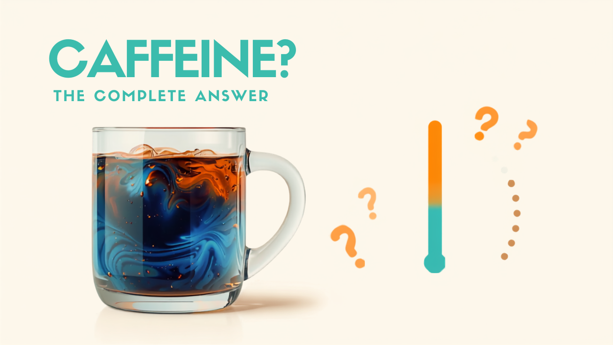 Indigo mushroom coffee beside a half-filled caffeine gauge — does mushroom coffee have caffeine
