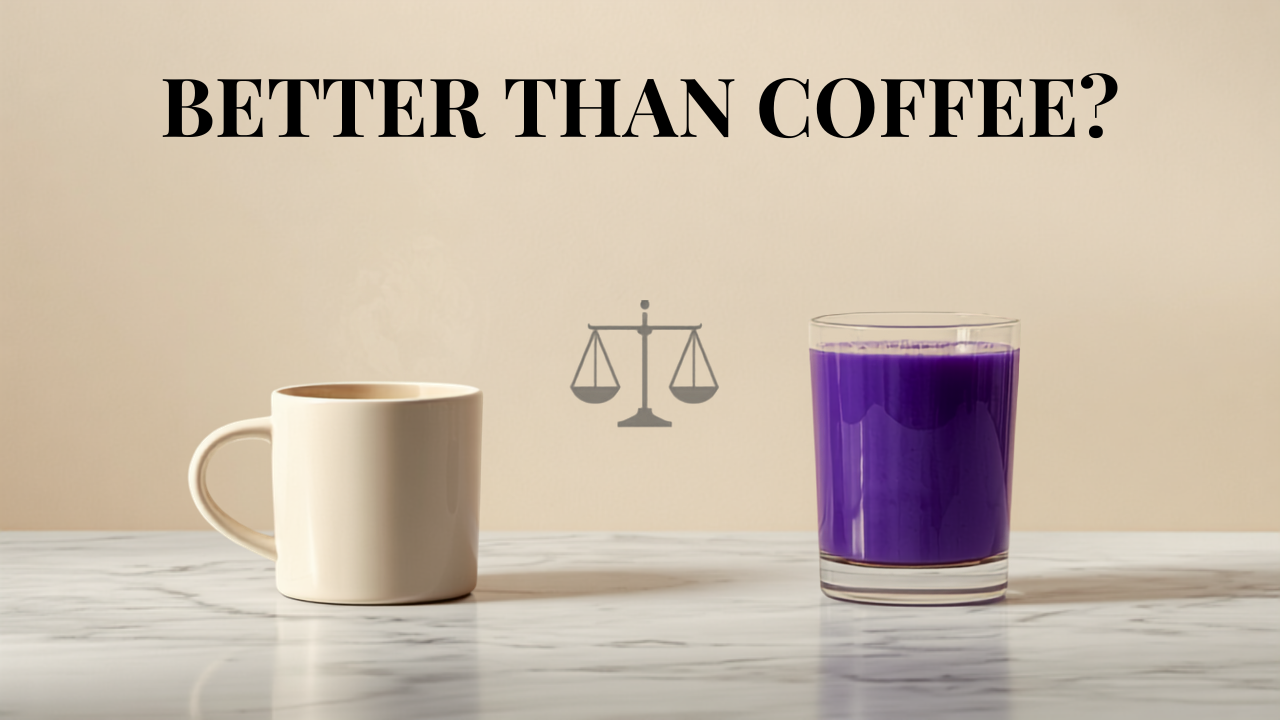 Black drip coffee beside a vivid indigo mushroom coffee on a balance scale — is mushroom coffee better than regular coffee