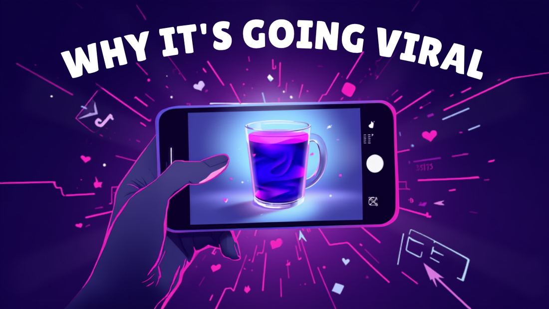 Phone filming an indigo-to-violet color-shifting coffee with floating likes — why color-changing coffee is viral on TikTok