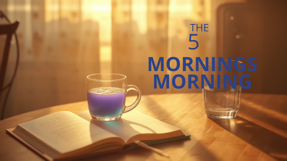 Golden-hour morning scene with journal, water, and a lavender color-shifting coffee — the 5-minute aesthetic morning routine