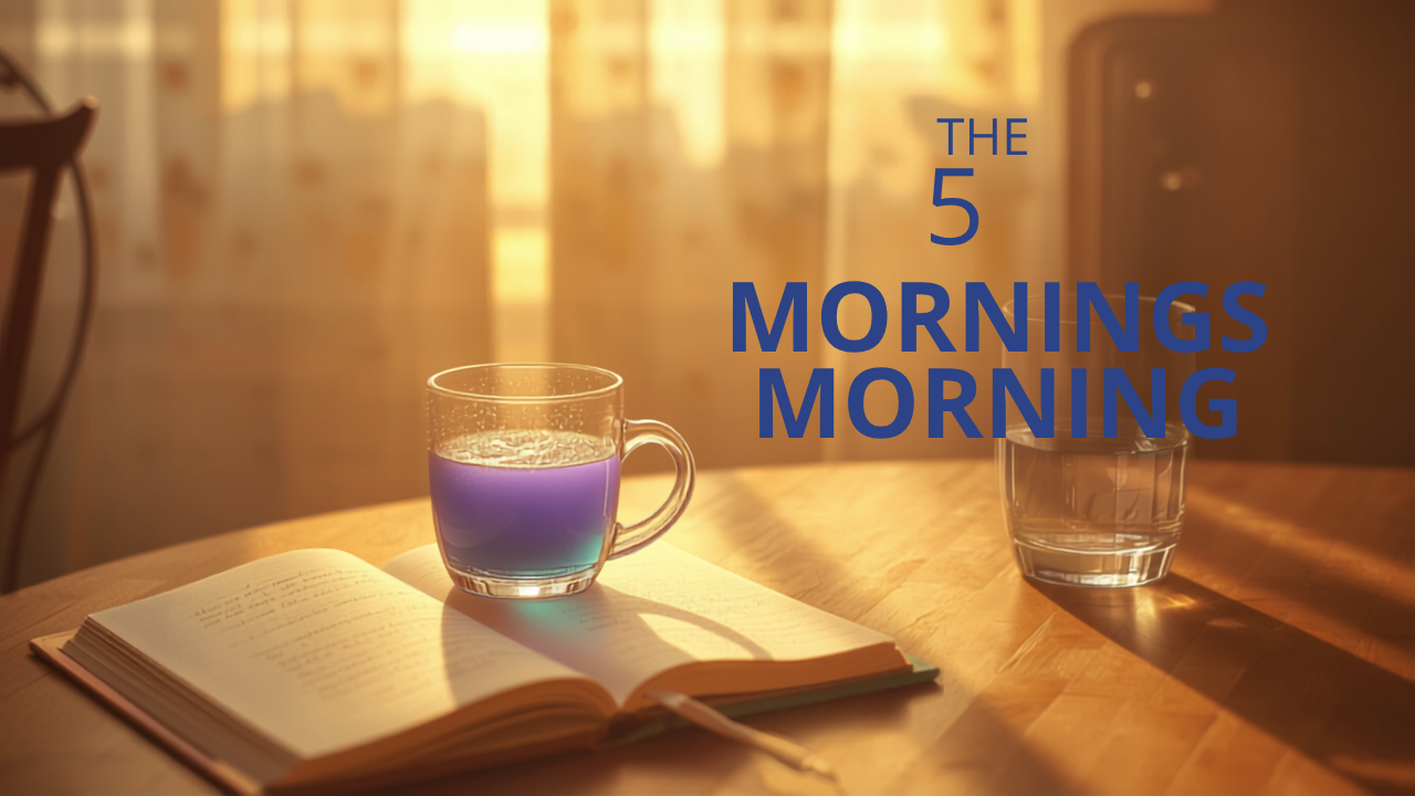 Golden-hour morning scene with journal, water, and a lavender color-shifting coffee — the 5-minute aesthetic morning routine