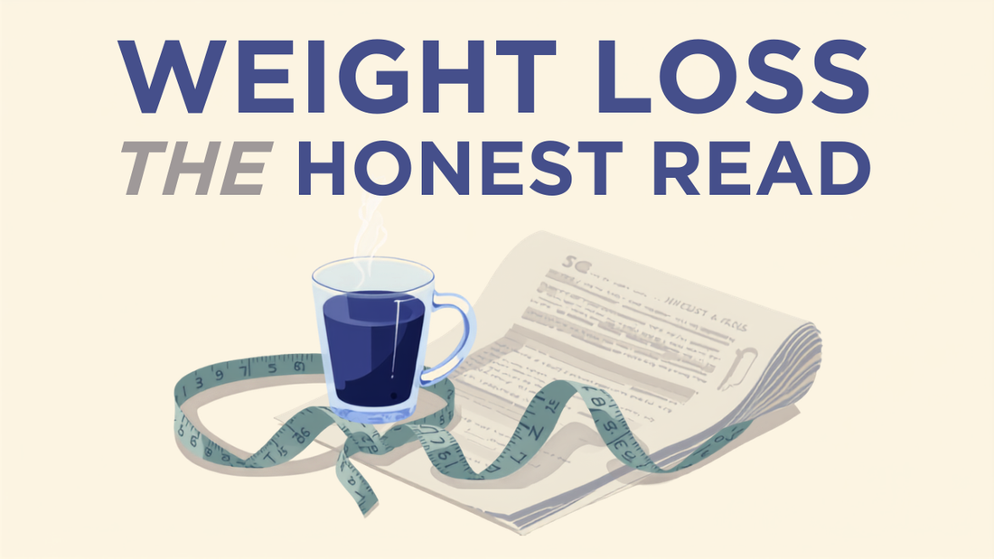 Indigo mushroom coffee beside a tape measure and research paper — mushroom coffee and weight loss research
