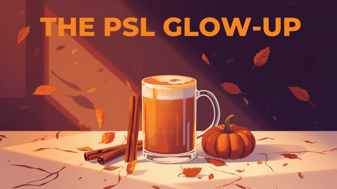 Latte shifting from blue-violet to warm amber with cinnamon and pumpkin — the pumpkin spice mushroom latte glow-up