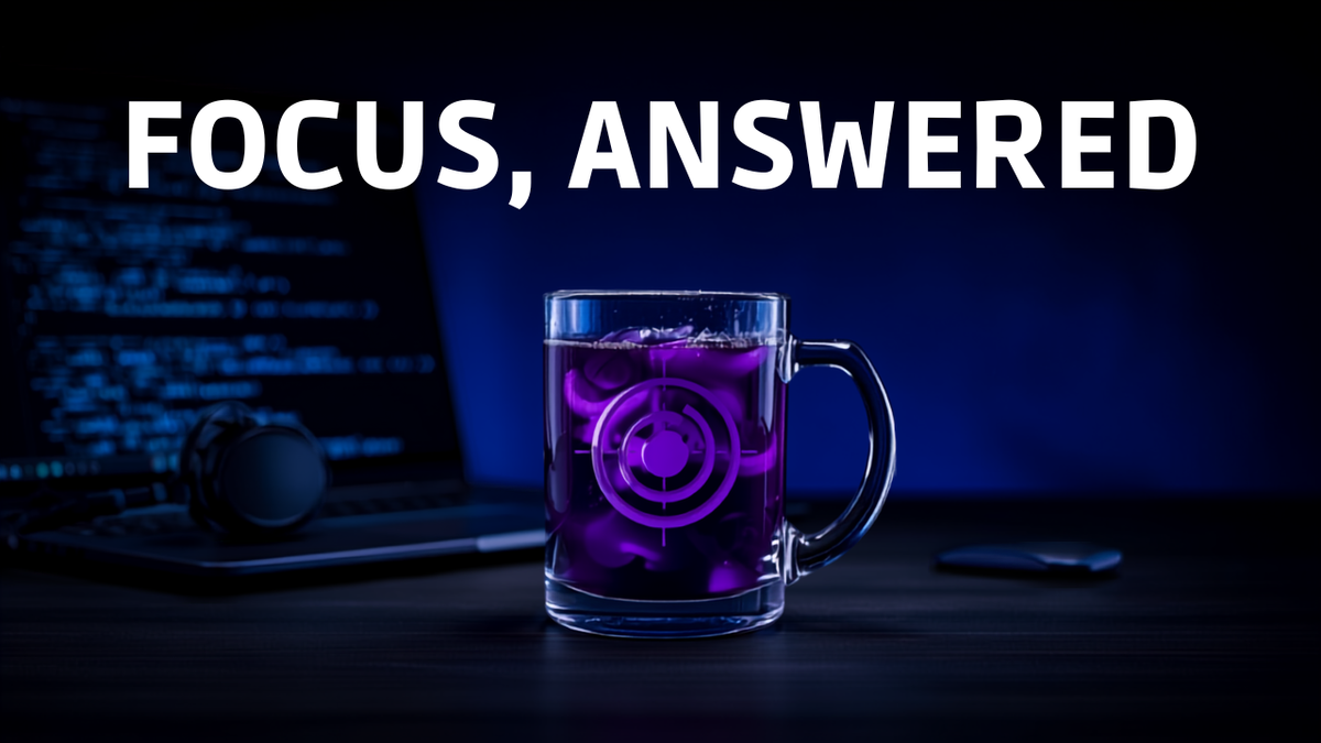 Deep-work desk with headphones and a violet mushroom coffee — does mushroom coffee help with focus