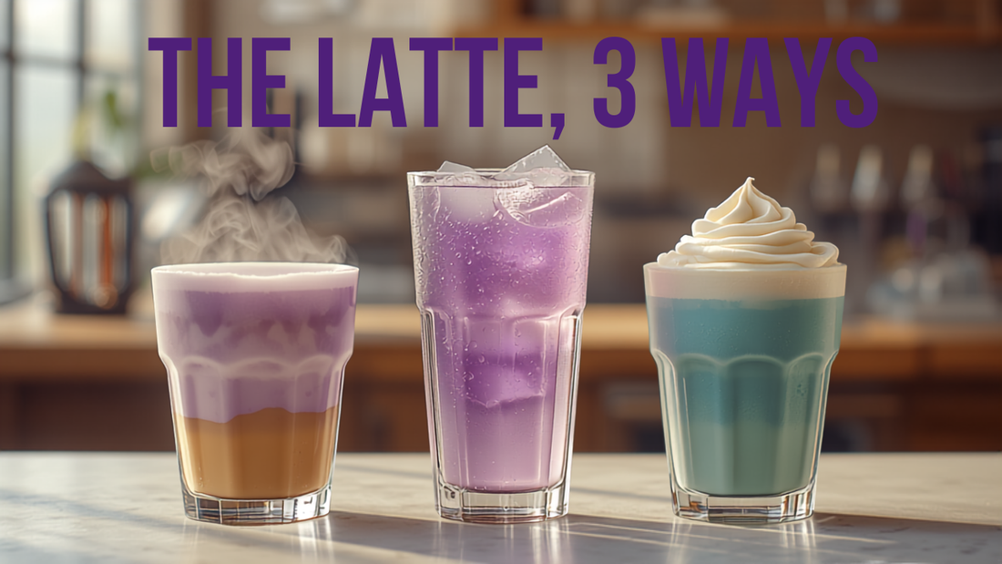 Hot lavender, iced violet, and blended teal mushroom coffee lattes — how to make a mushroom coffee latte three ways