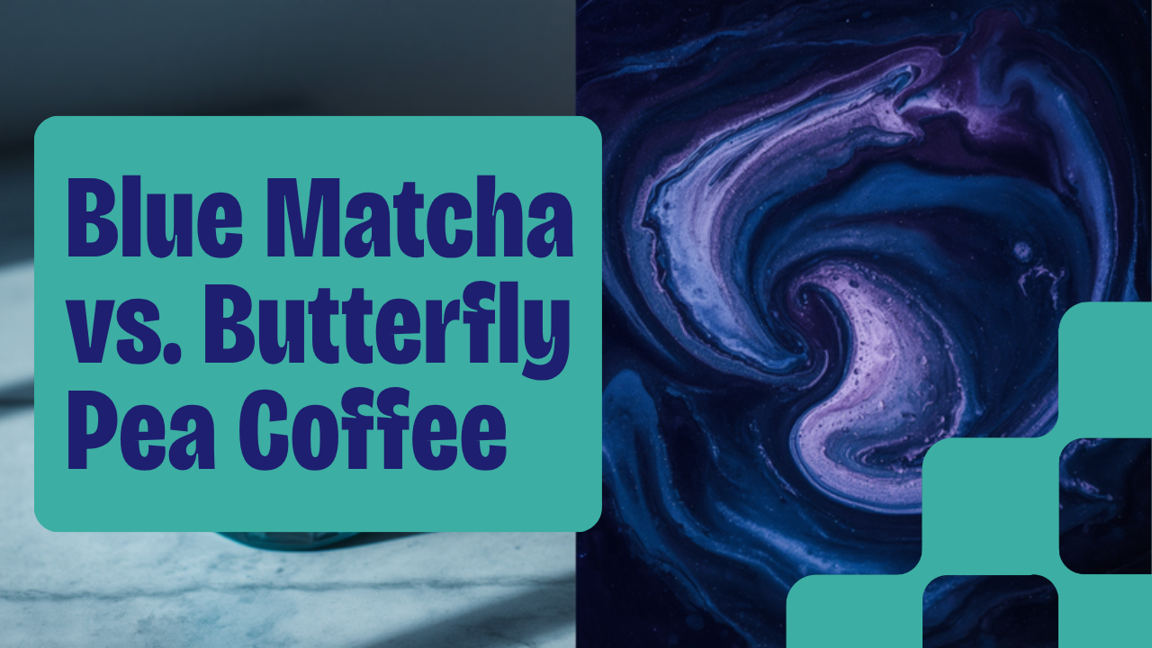 Blue matcha latte next to butterfly pea flower coffee shifting from blue to violet
