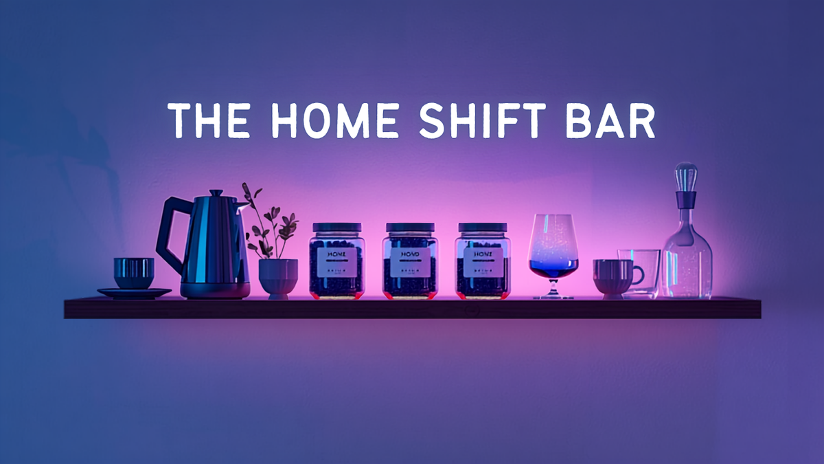 Home coffee bar with labeled jars, glassware, and an indigo-to-violet shifting pour — color-changing coffee bar setup