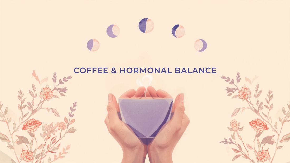 Hands holding a lavender coffee with moon-phase icons — functional coffee for women's hormonal balance