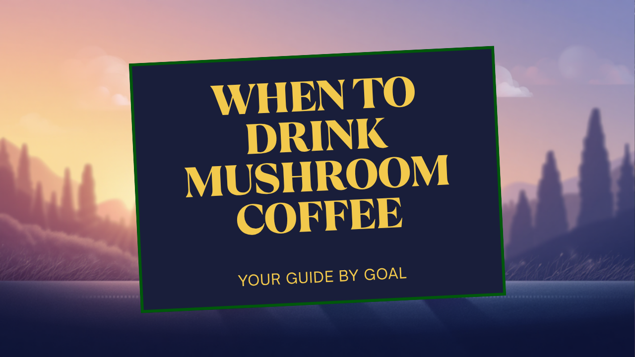 Day timeline with violet, teal, and lavender coffees from sunrise to dusk — the best time to drink mushroom coffee