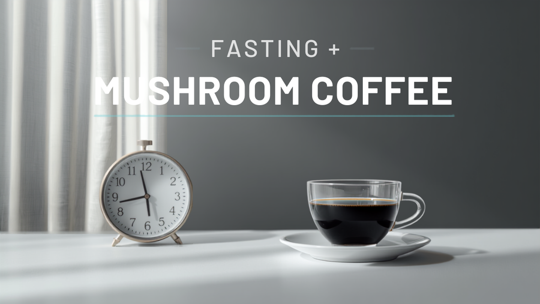Indigo mushroom coffee beside a clock and empty plate — mushroom coffee and intermittent fasting