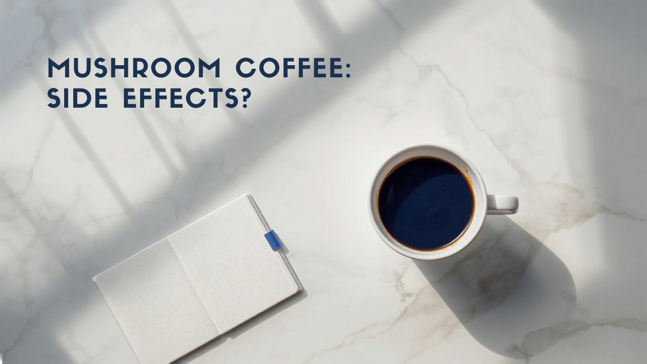 Cup of indigo mushroom coffee beside a notebook checklist — mushroom coffee side effects guide
