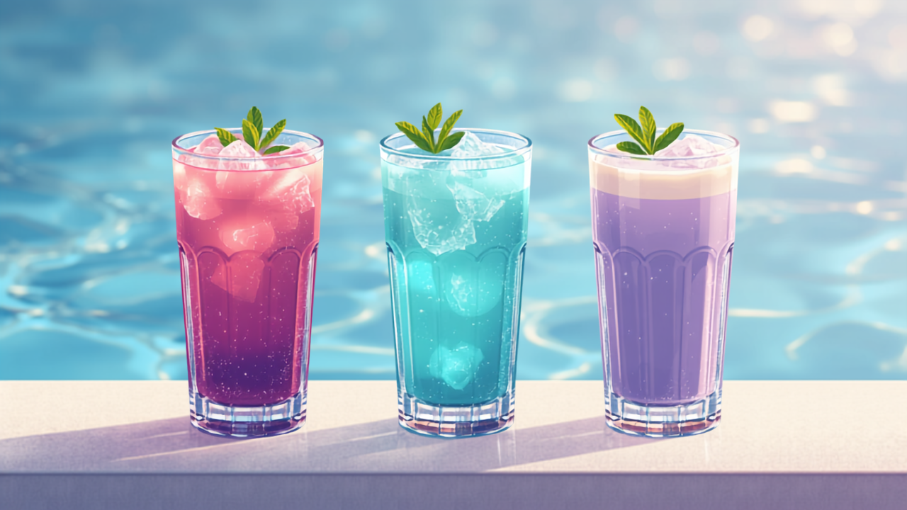 Three layered color-changing iced coffees in summer light — violet, teal, and lavender summer recipes