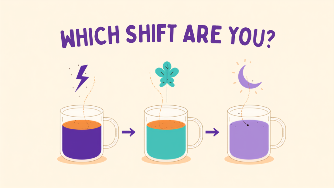 Three shift mugs with mood icons and decision arrows — which MoodWell blend is right for you