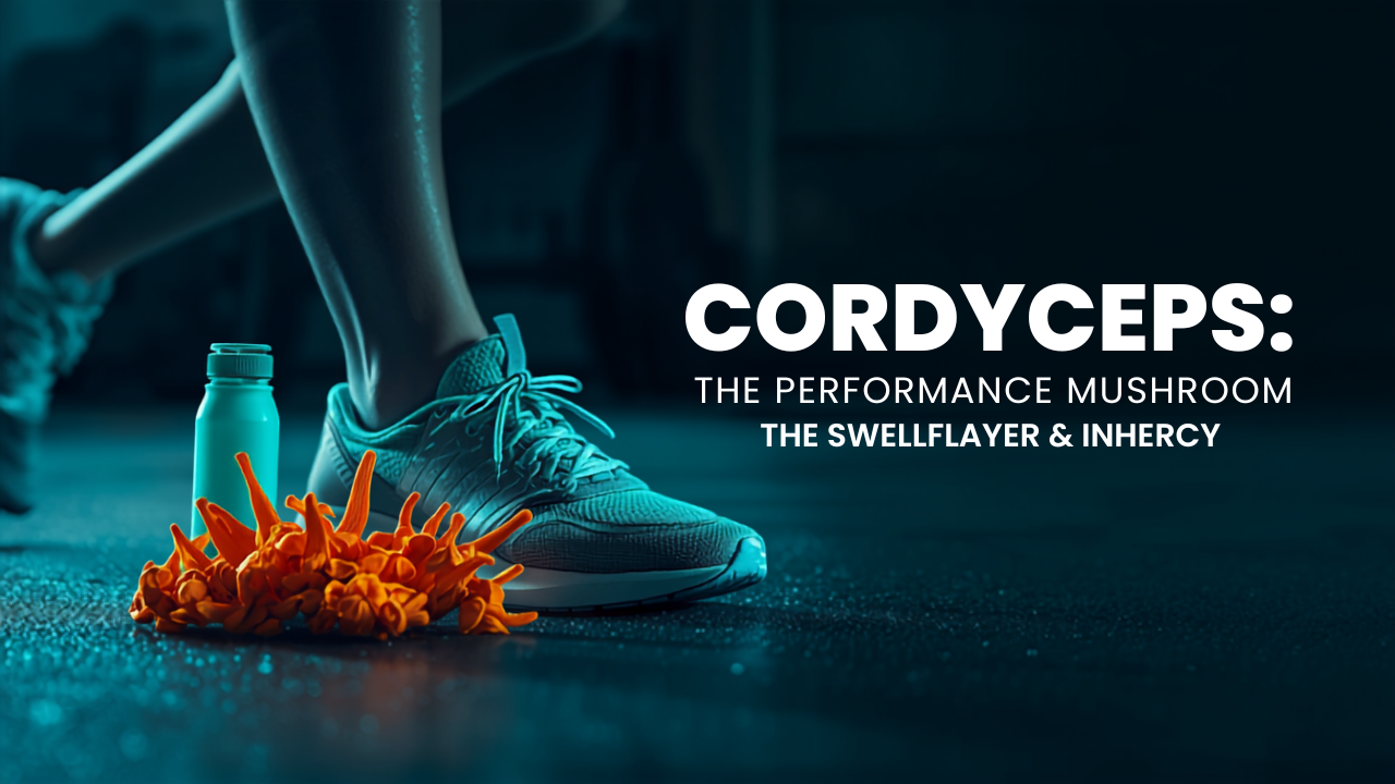 Cordyceps mushrooms with running shoes and a teal iced coffee shaker — cordyceps for athletic performance