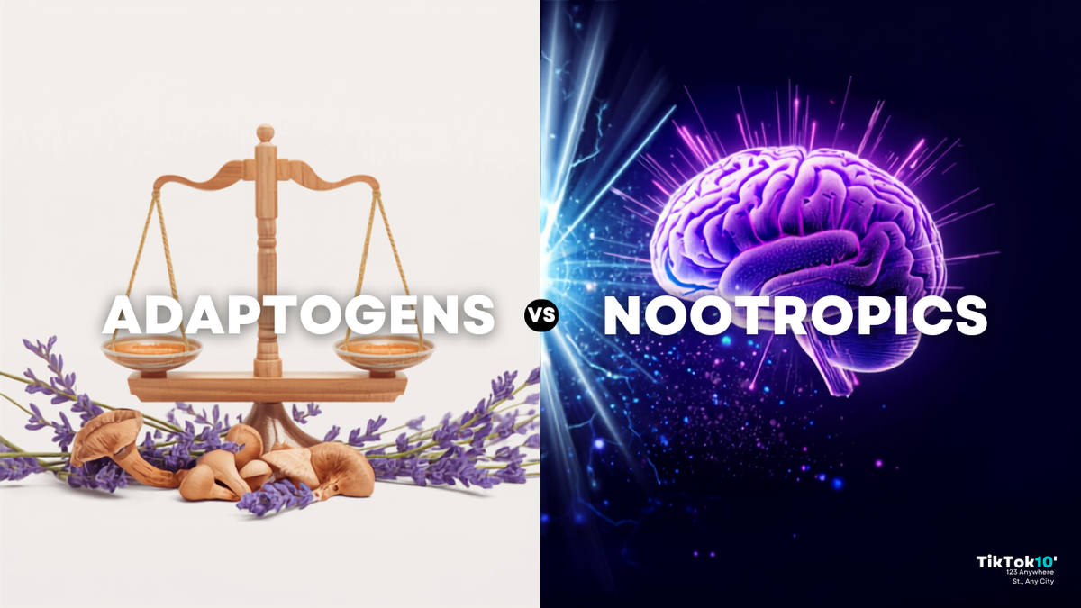 Split concept of calming adaptogens versus brain-boosting nootropics — adaptogens vs nootropics explained