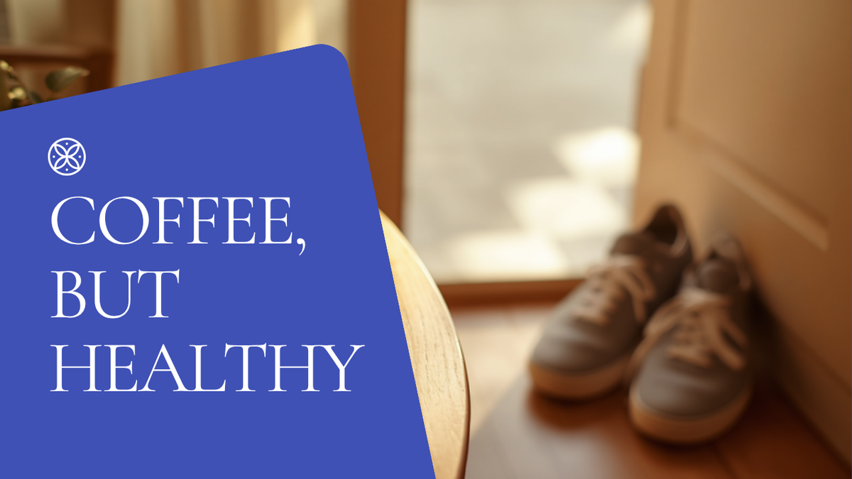 Indigo coffee with fruit, water, and sneakers in morning light — coffee as part of a healthy morning routine