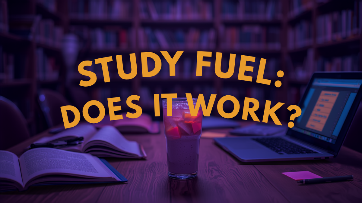 Library study table with textbooks and a violet iced coffee — mushroom coffee for students