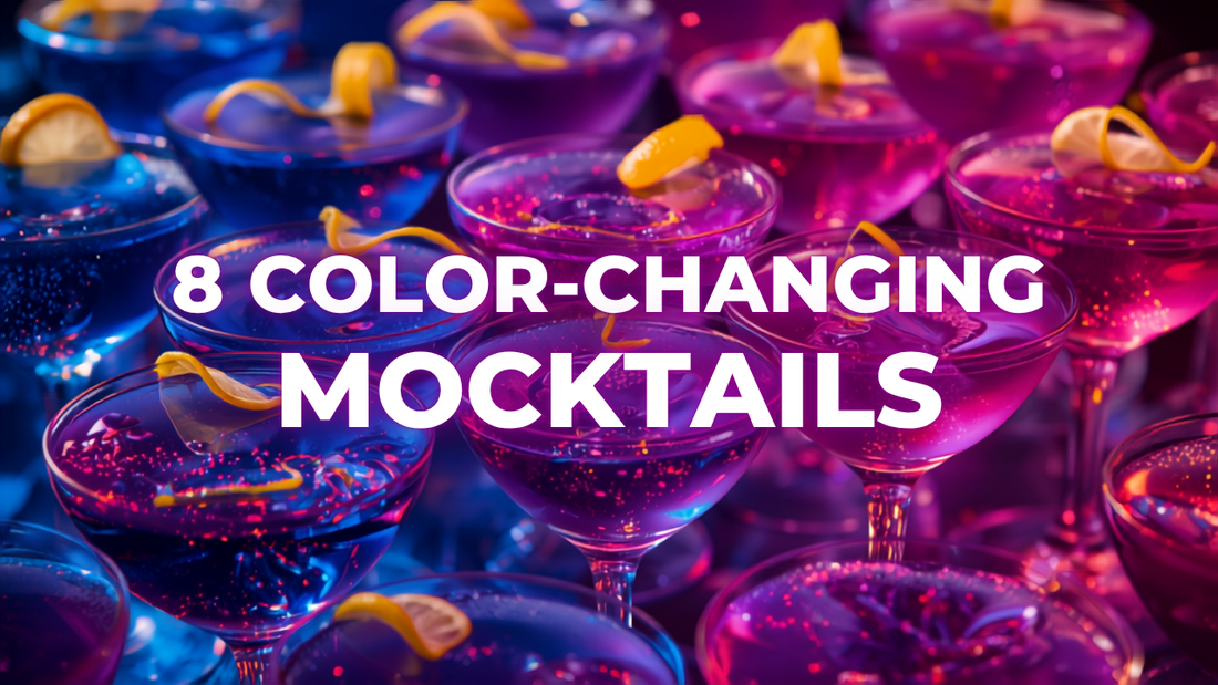 Zero-proof bar spread of blue-to-magenta butterfly pea mocktails — 8 color-changing mocktails