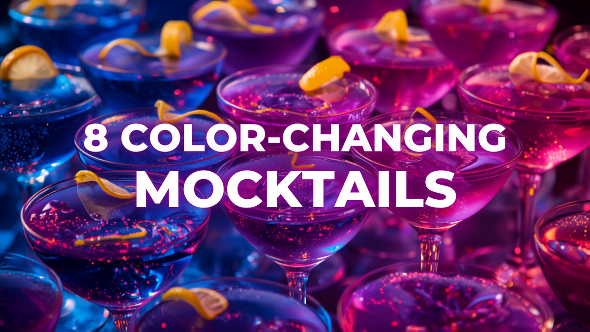 Zero-proof bar spread of blue-to-magenta butterfly pea mocktails — 8 color-changing mocktails
