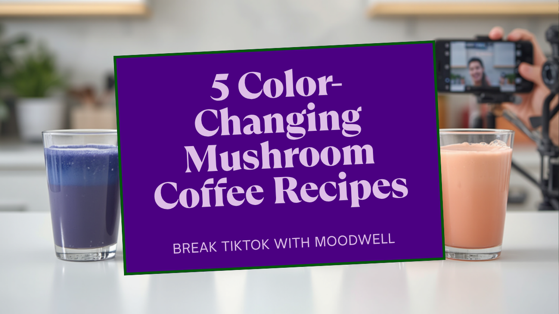Five glasses showing the full color-shift spectrum being filmed on a phone — 5 color-changing mushroom coffee recipes for TikTok