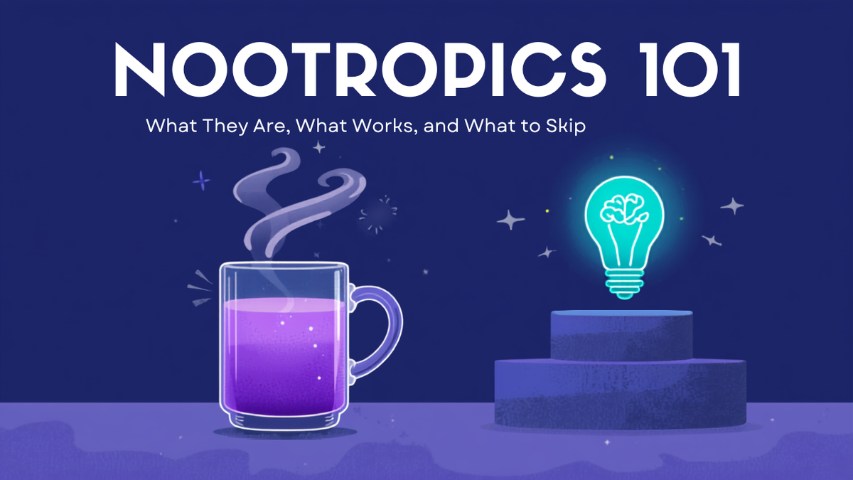 Violet mushroom coffee with a glowing brain sketch and ranked supplements — nootropics 101 beginner's guide