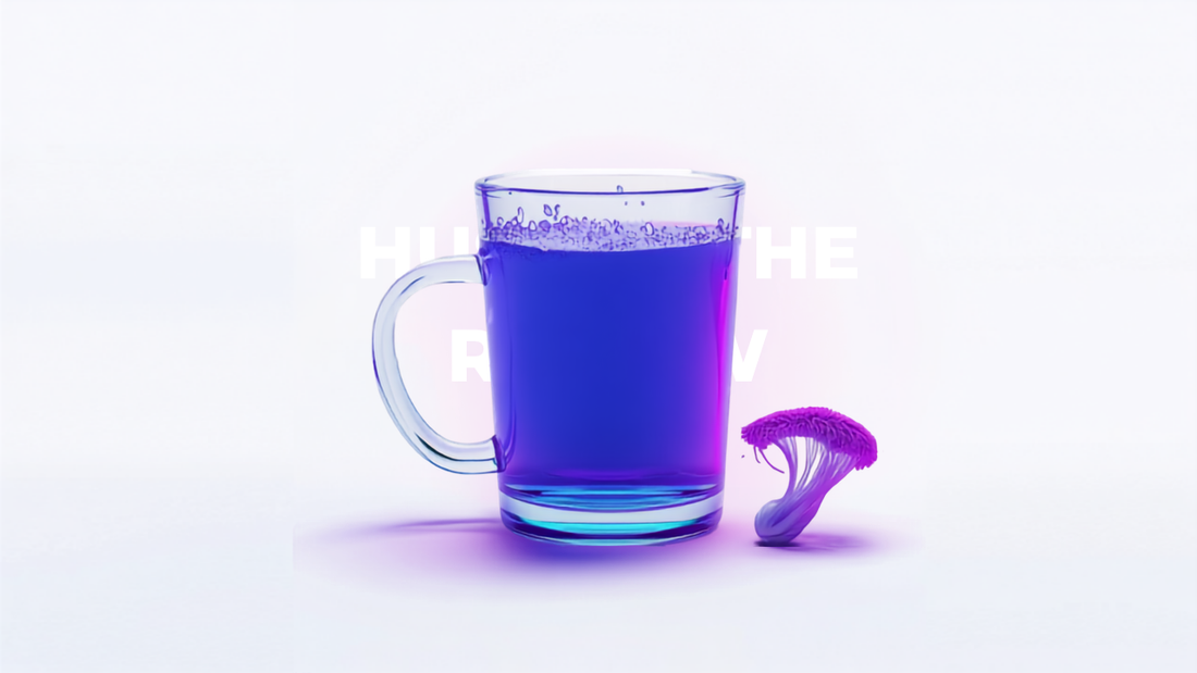 Glass mug shifting from deep blue to vivid violet — MoodWell HUSTLE review for focus and energy