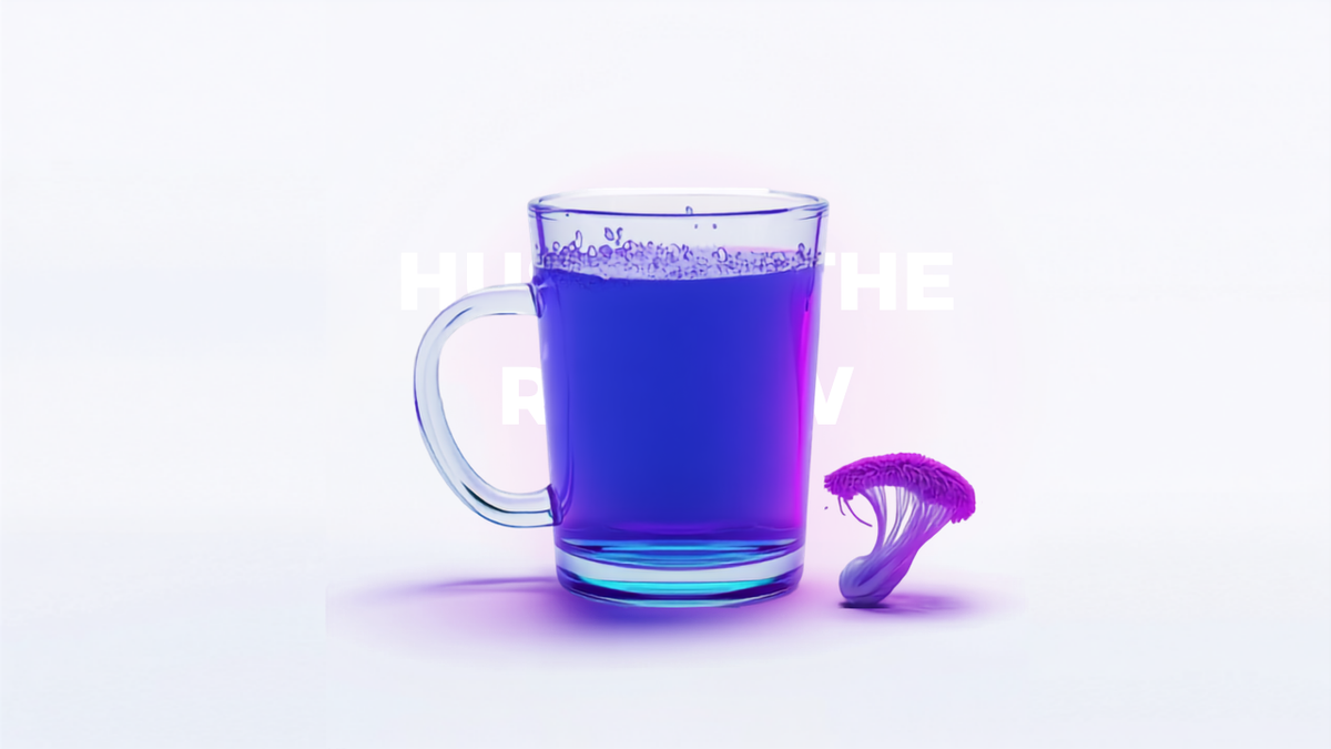 Glass mug shifting from deep blue to vivid violet — MoodWell HUSTLE review for focus and energy