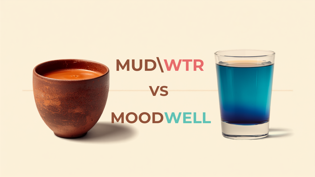 Earthy cacao chai beside a vivid indigo-to-teal color-shifting coffee — Mud\Wtr vs MoodWell