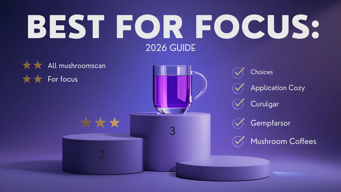 Ranked podium of mushroom coffees with a violet color-shifting mug in first — best mushroom coffee for focus 2026