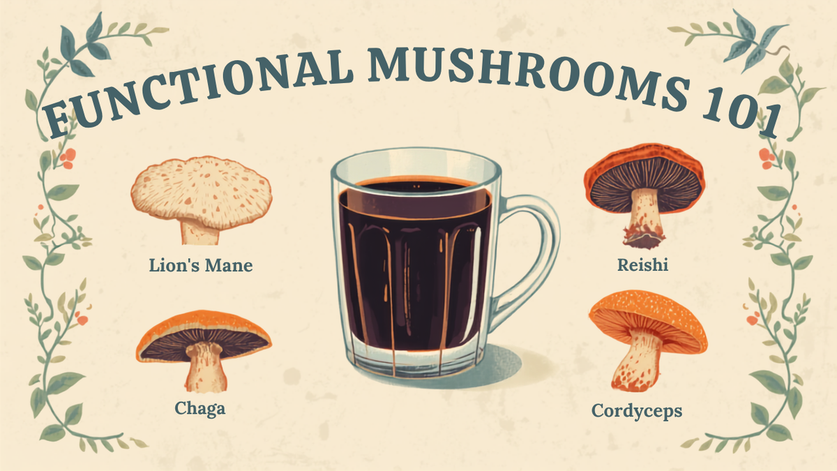 Field-guide flat-lay of lion's mane, reishi, chaga, and cordyceps around an indigo coffee — functional mushrooms complete guide