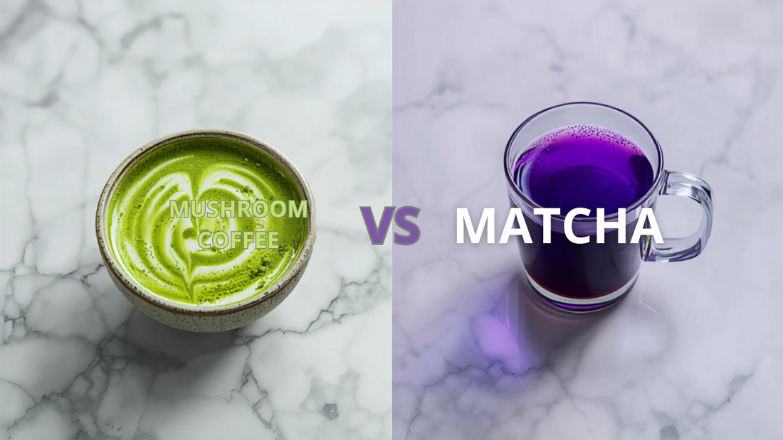 Green matcha latte versus indigo-to-violet mushroom coffee — side by side comparison