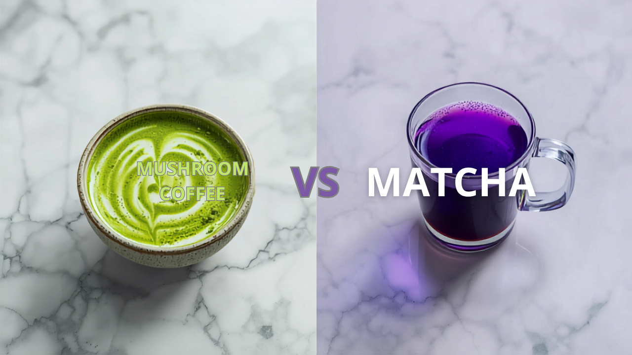 Green matcha latte versus indigo-to-violet mushroom coffee — side by side comparison