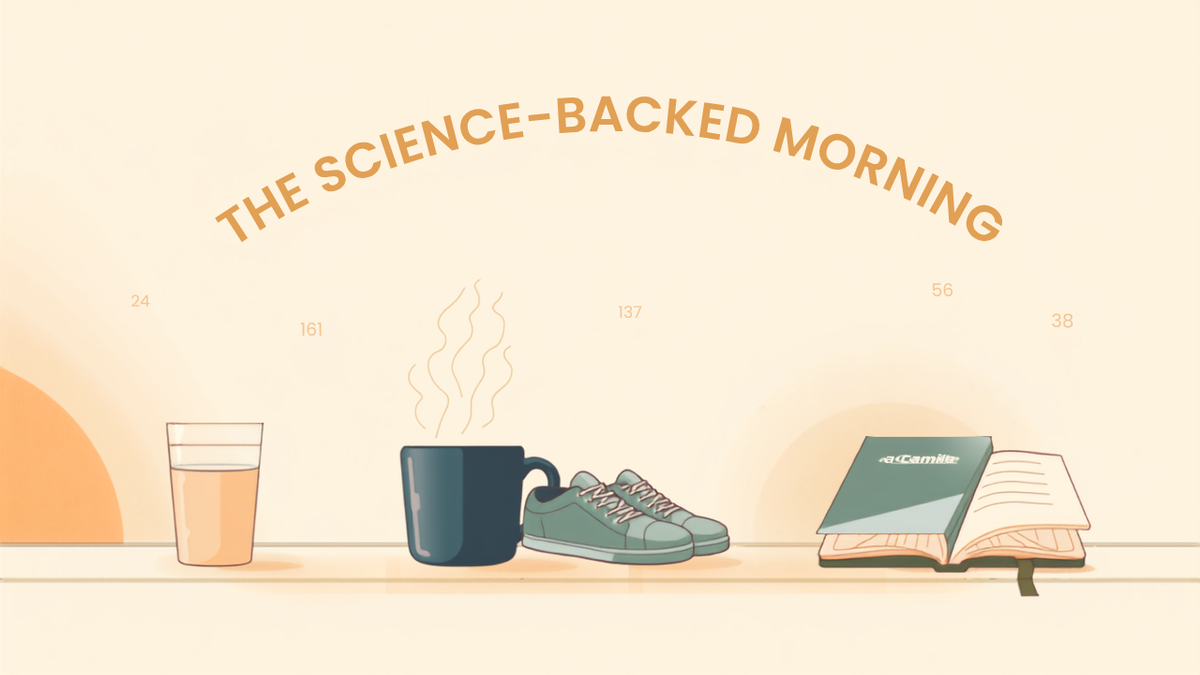 Numbered morning sequence from sunlight to journal with indigo coffee — the science-backed morning routine
