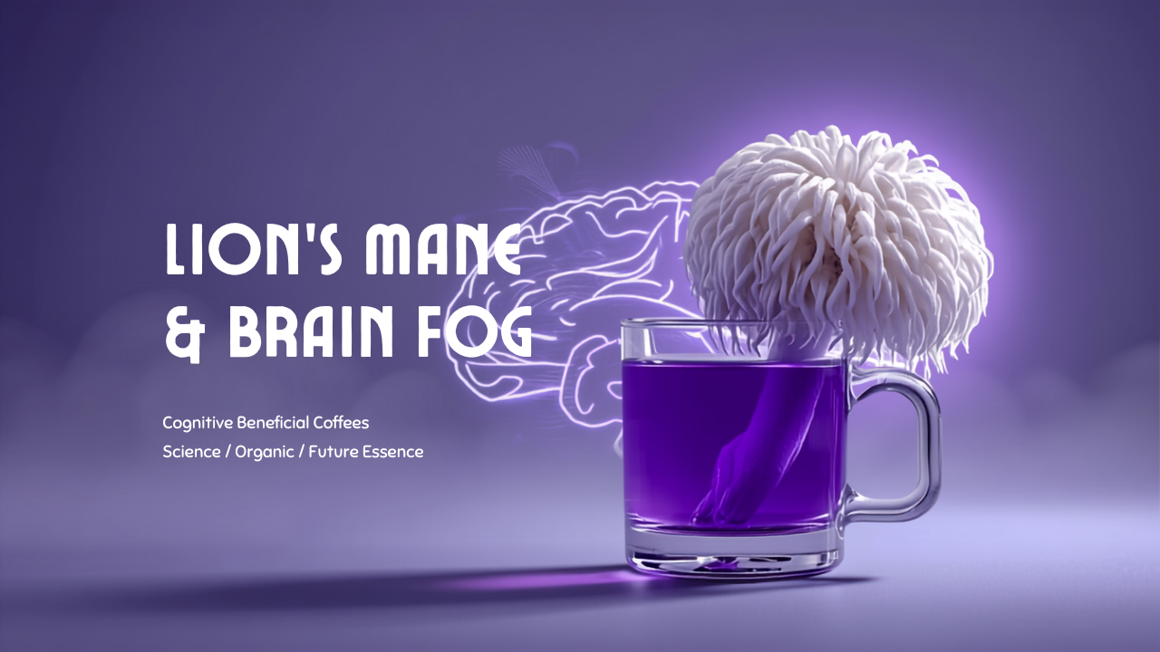 Lion's mane mushroom with a glowing brain and violet coffee as fog clears — lion's mane for brain fog