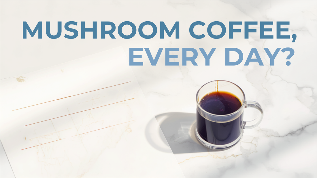 Calendar marked with daily coffee cups beside an indigo mushroom coffee — can you drink mushroom coffee every day