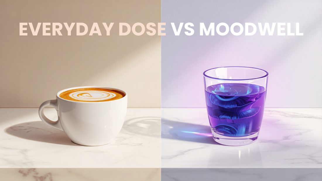 Beige latte beside a vivid indigo-to-violet color-shifting mushroom coffee — Everyday Dose vs MoodWell comparison