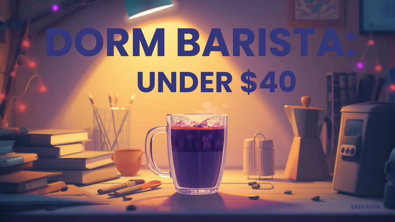 Dorm desk coffee setup with kettle, frother, and a layered indigo-violet iced coffee — under $40 dorm barista guide