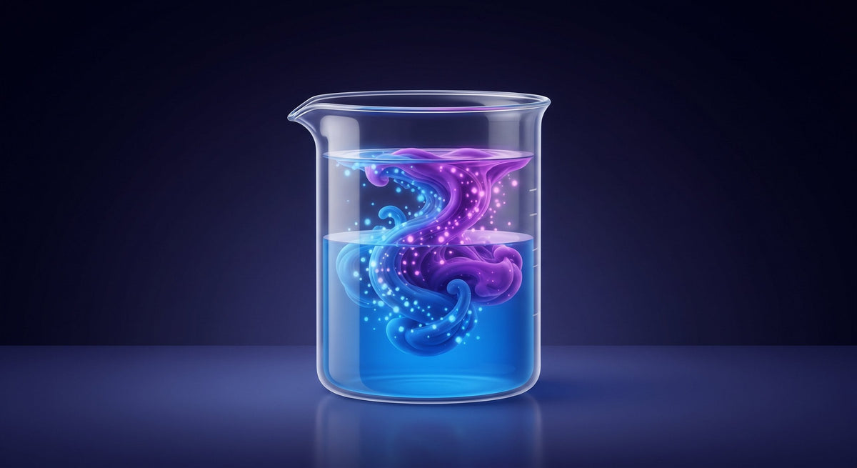 Dramatic blue liquid pouring into a glass mug, splashing into a swirling purple-teal cloud against a dark moody background