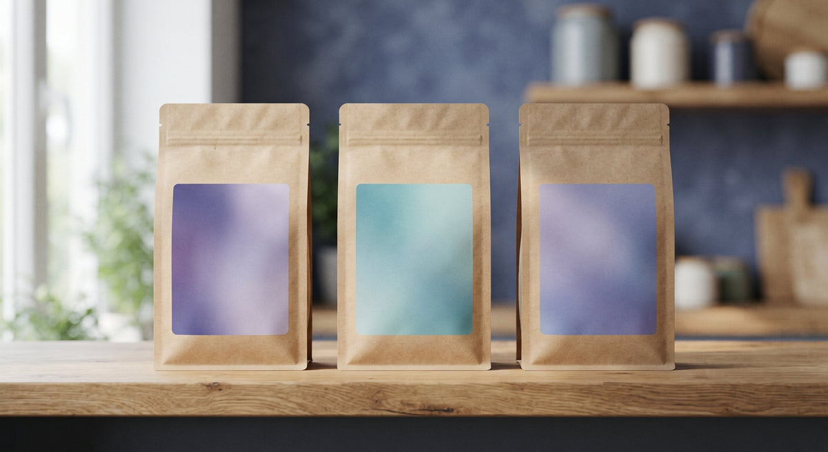 Kitchen counter with three unmarked kraft coffee bags, small glass jars of spices, a folded cloth, and a steaming mug of purple color-shift coffee against a dark blue kitchen background