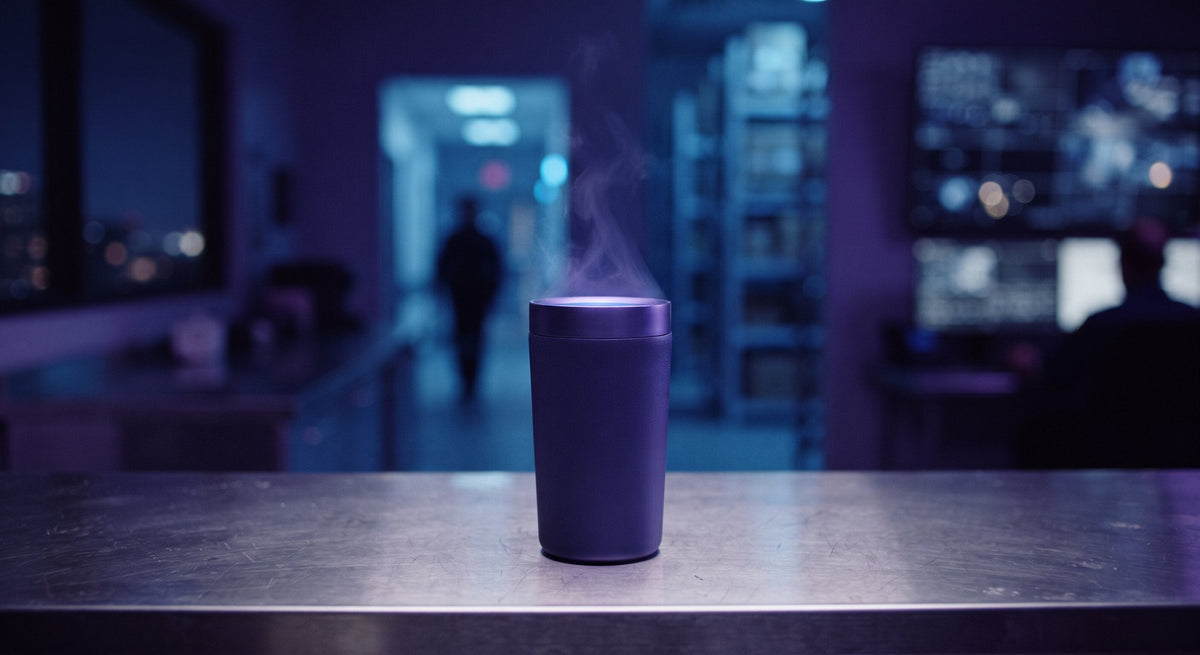 Ceramic mug mid color-change from indigo blue to violet, next to a glass bloom sachet dish, coffee beans, and dried mushroom slices on a wooden table